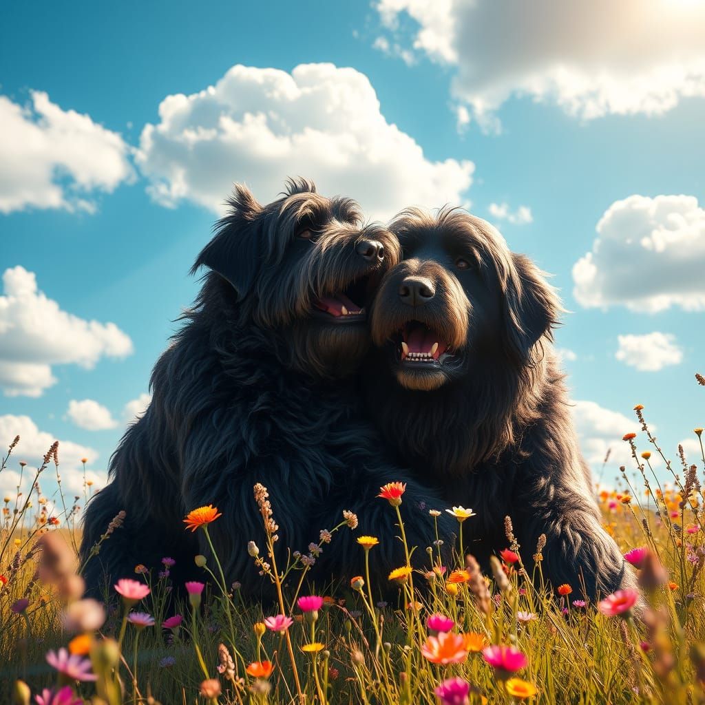 Majestic Giant Schnauzer and Newfoundland Play Together in a...