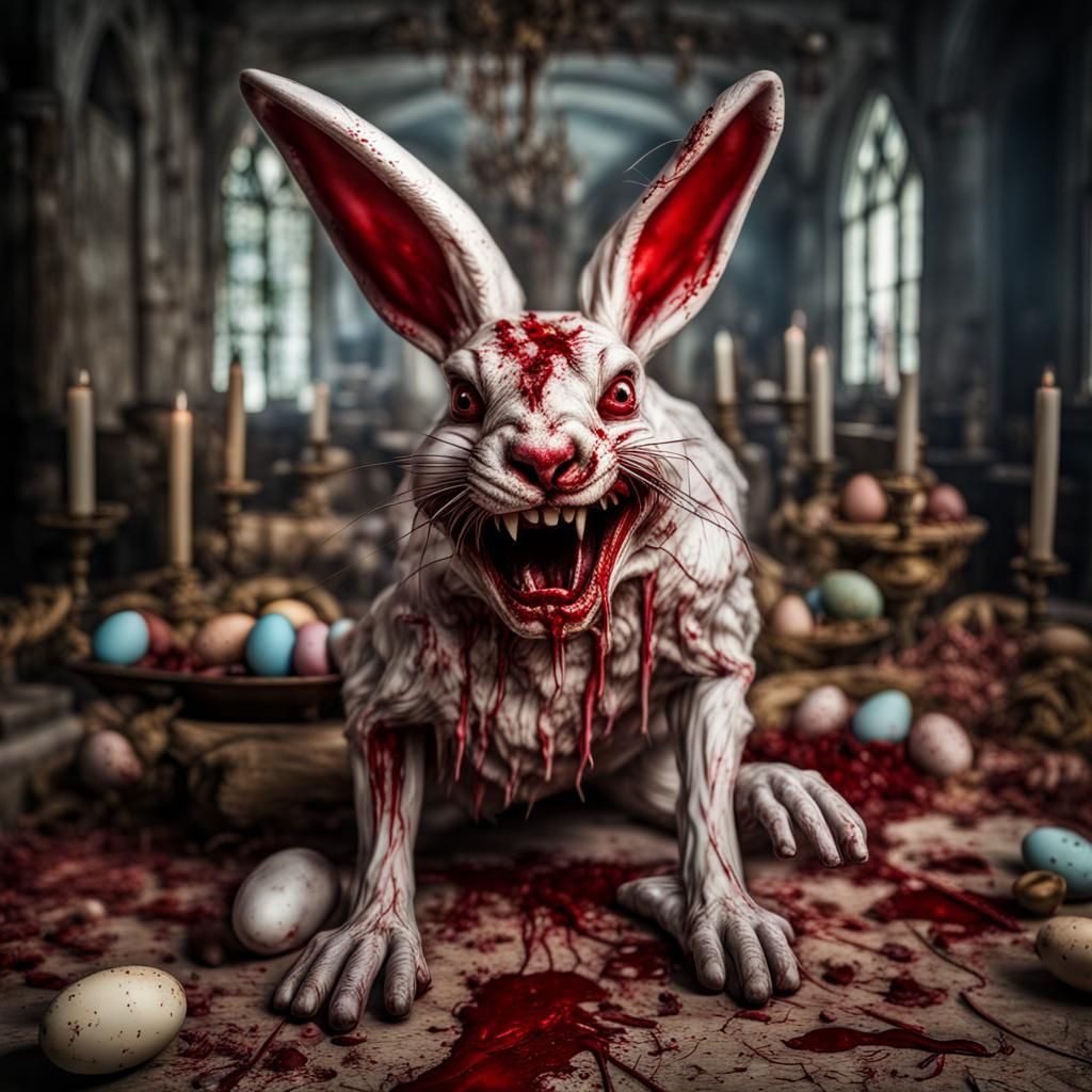 Easter bunny with sharp teeth covered in blood.