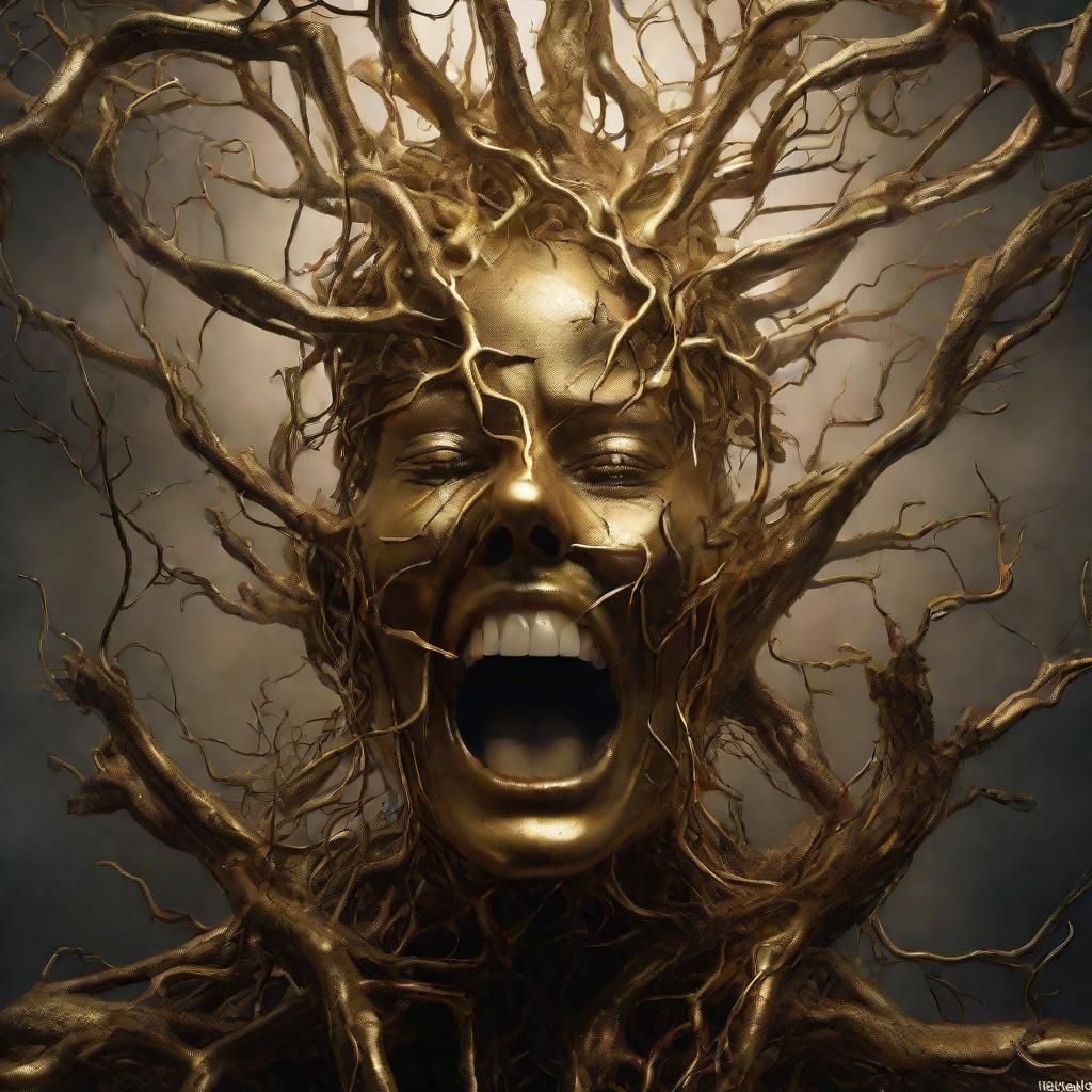 Bio-Organic Surrealism: Face Trapped in Golden Roots