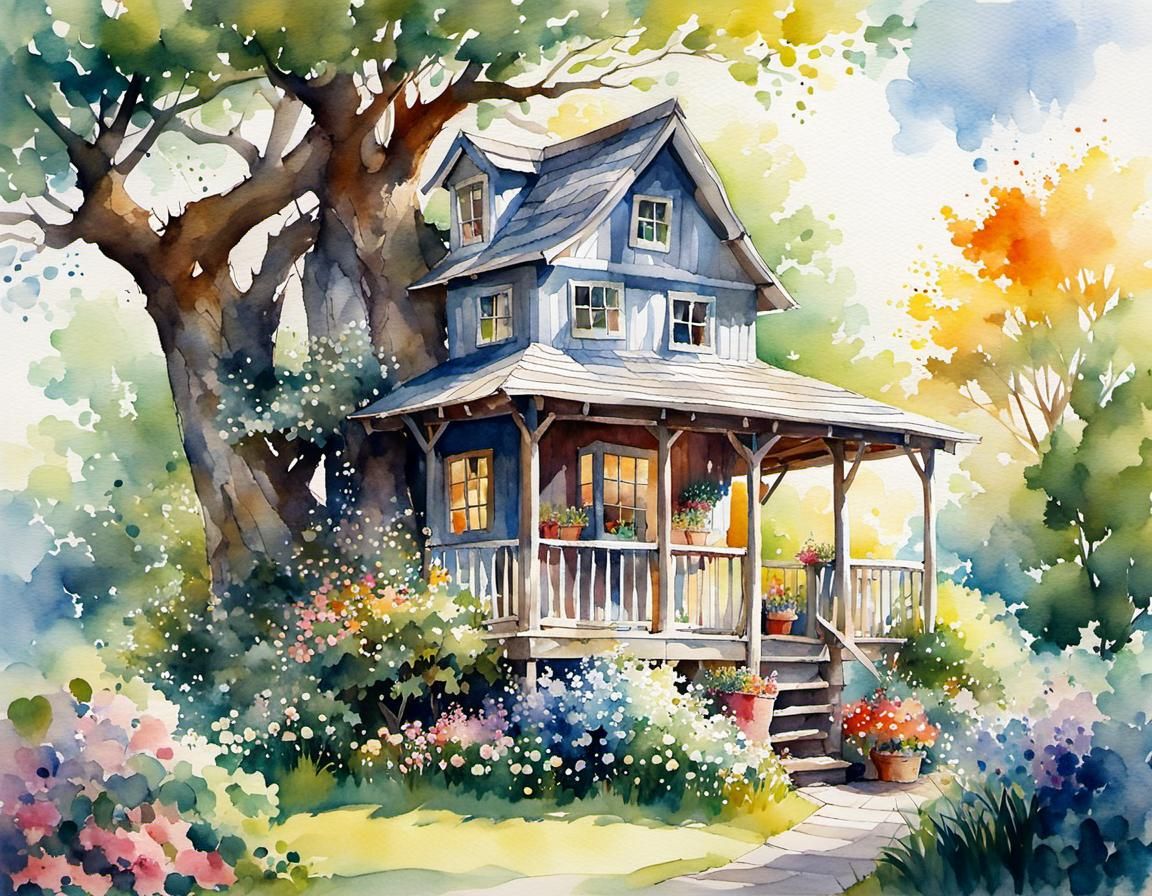 Whimsical Treehouse Watercolor Illustration in Pastel Colors