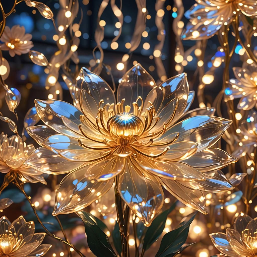 Bio-Luminescent Glass Flower with Fairy Lights in Anime Styl...