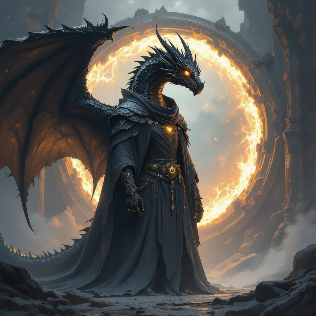 Ancient Dragon Guards Cosmic Portal in Dark Romantic Style