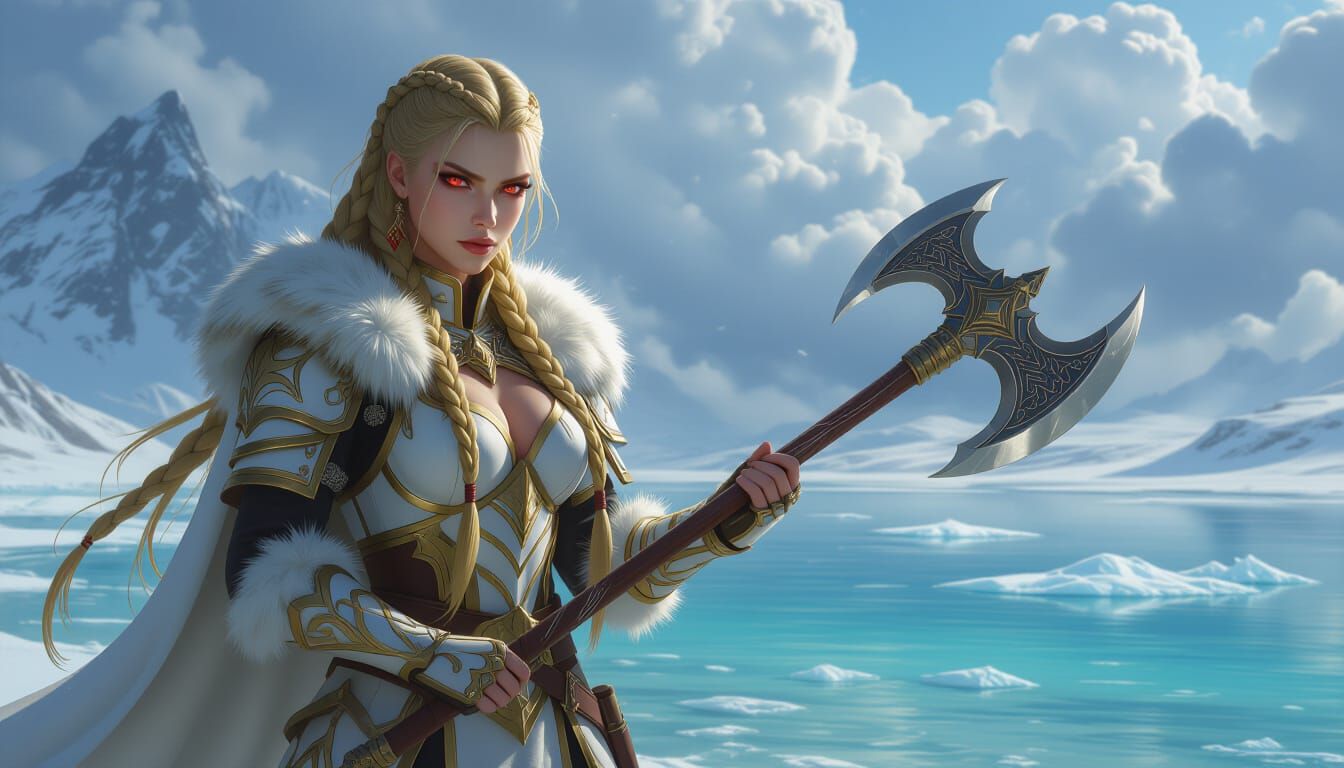 Female Warrior with Red Eyes and Battle Axe