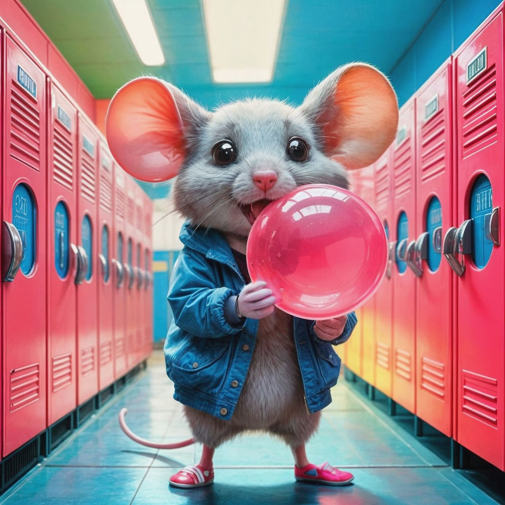 Retro Pop Art Mouse Blows a Bright Pink Bubble