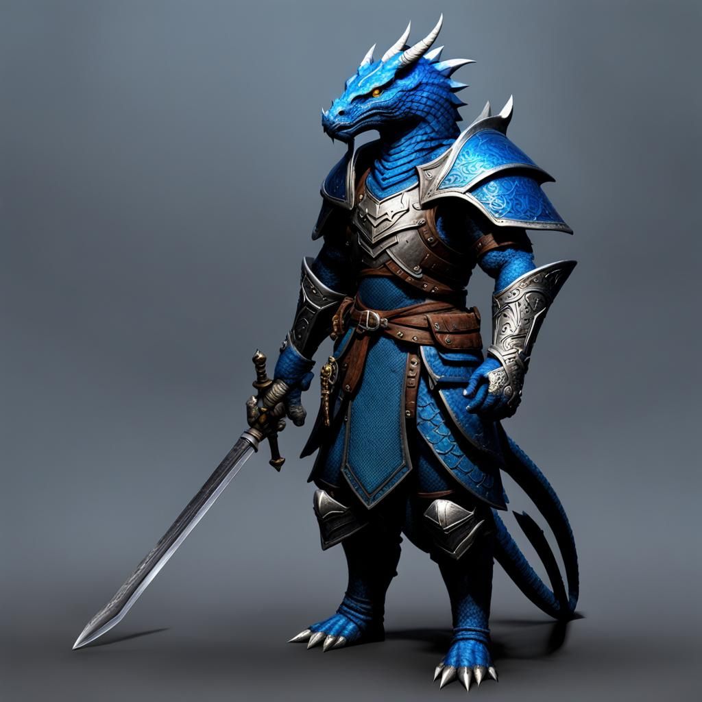 Wingless Blue Dragonborn Warrior with Sword