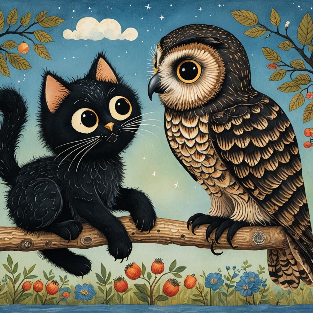 Wise Fowl Engages in Whimsical Conversation with Mischievous...