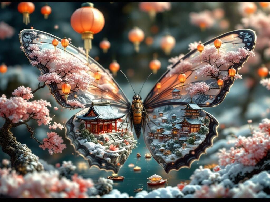 Miniature Japanese Landscape on Butterfly Wings in 3D