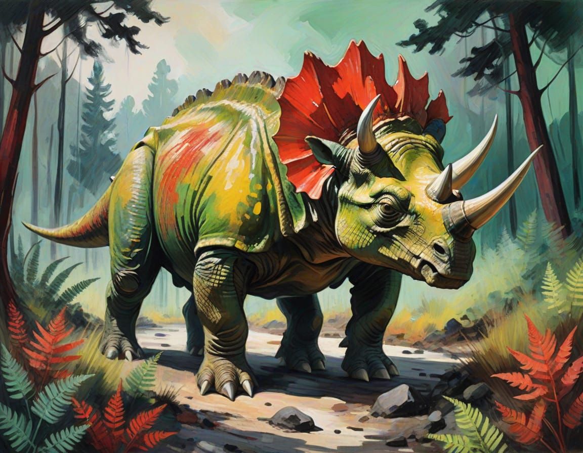 Triceratops in Serene Prehistoric Landscape, Neo-Expressioni...