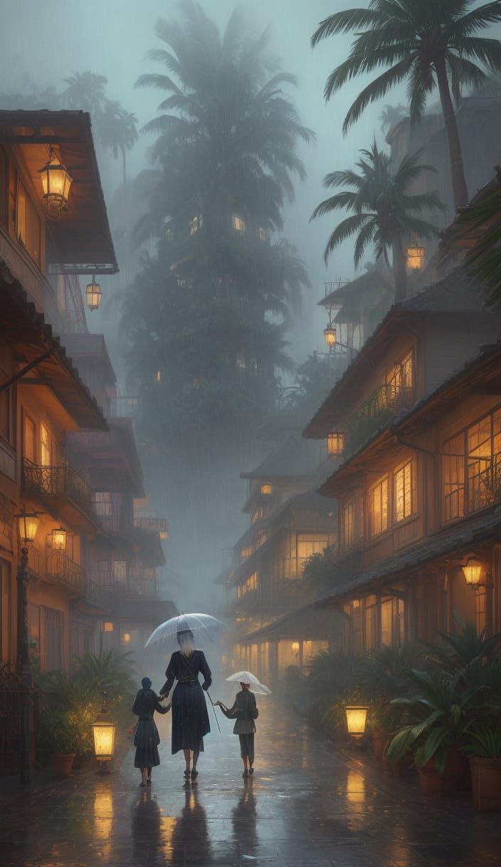 Rainy Day Walk with Grandma in Fantasy Art Style