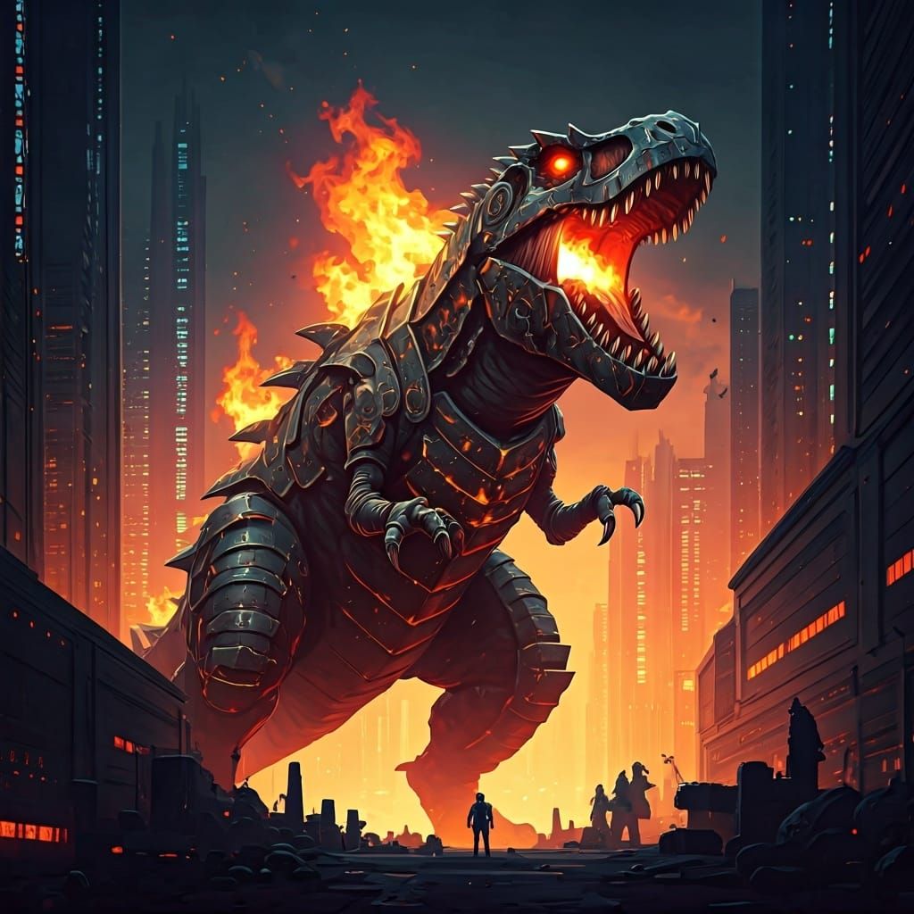 Armored Fire Dinosaur Rampage in Future Metropolis