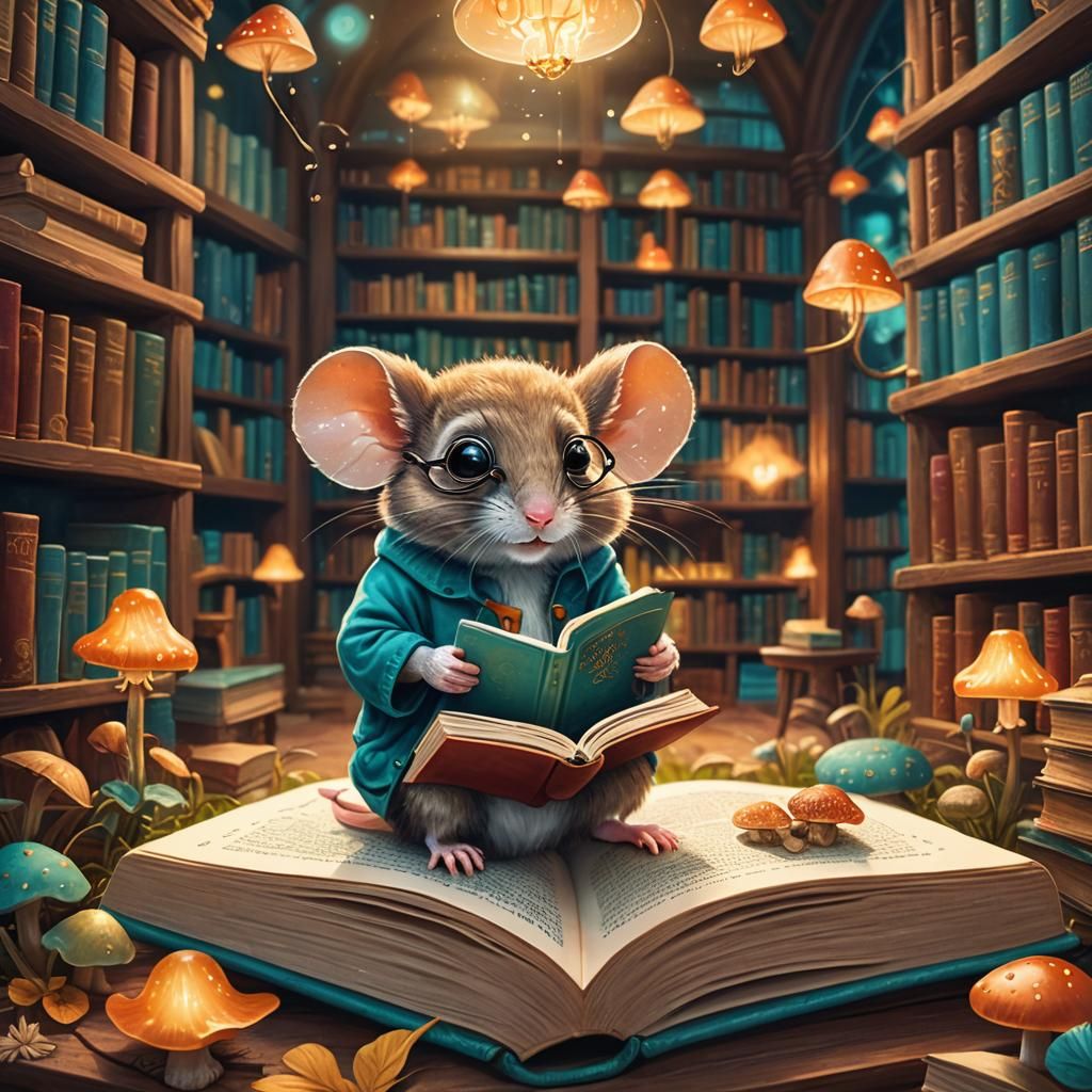 Mouse Reading in Mushroom Library, Fantasy Illustration