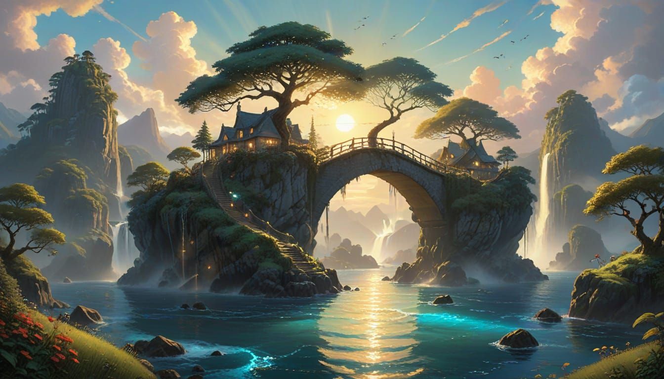 Floating Islands with Waterfalls in Golden Sunlight