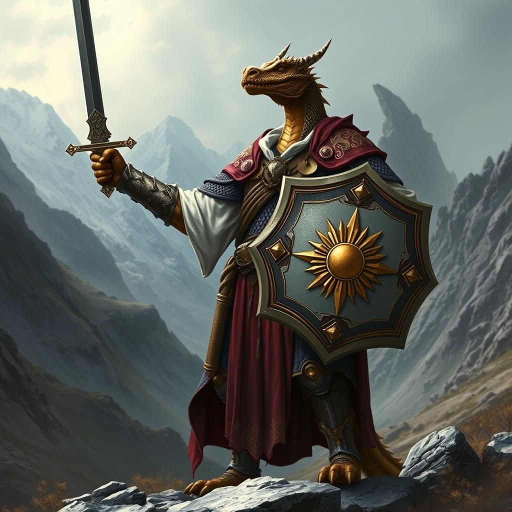 Bronze Dragonborn Cleric in Fantasy Landscape
