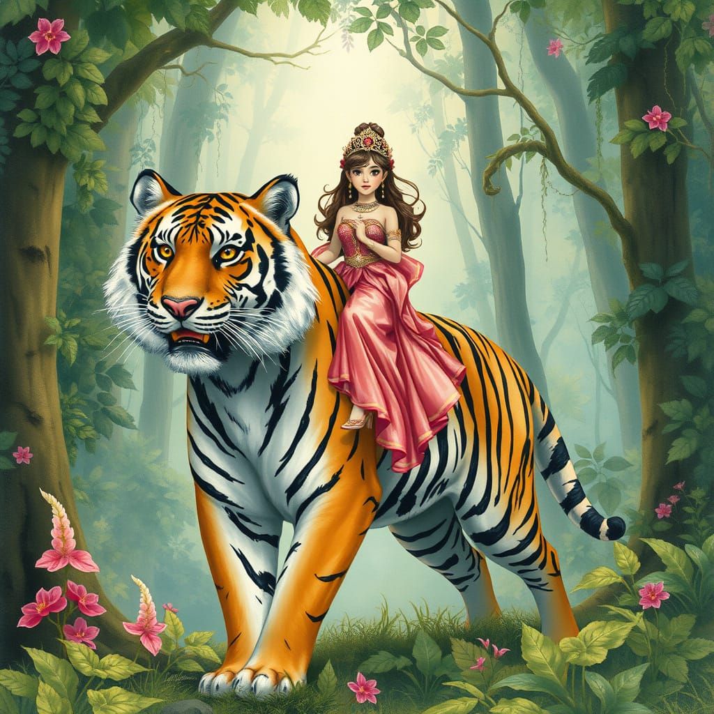 Enchanting Tiger Princess in Mystical Watercolor Forest