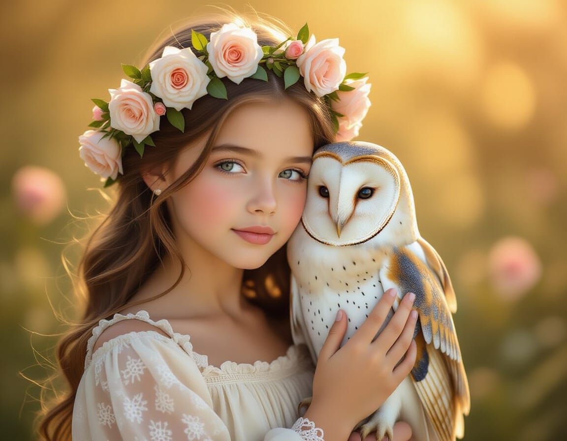 Girl with Owl and Roses, Realistic Fine Art