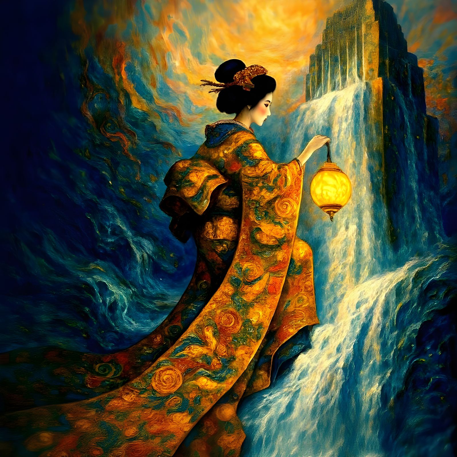 Geisha Ascending Waterfall in Art Nouveau Klimt Style