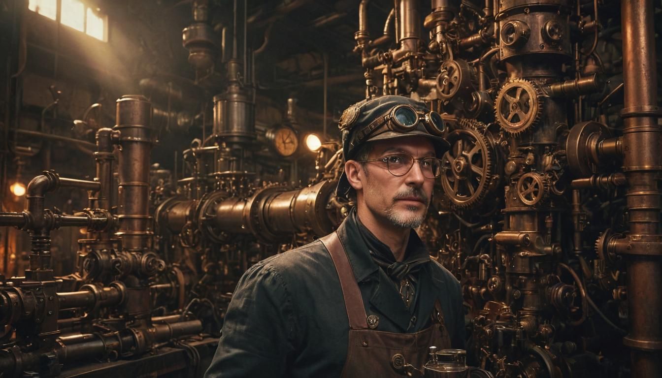 Steampunk Inventor's Golden Hour in Industrial Workshop