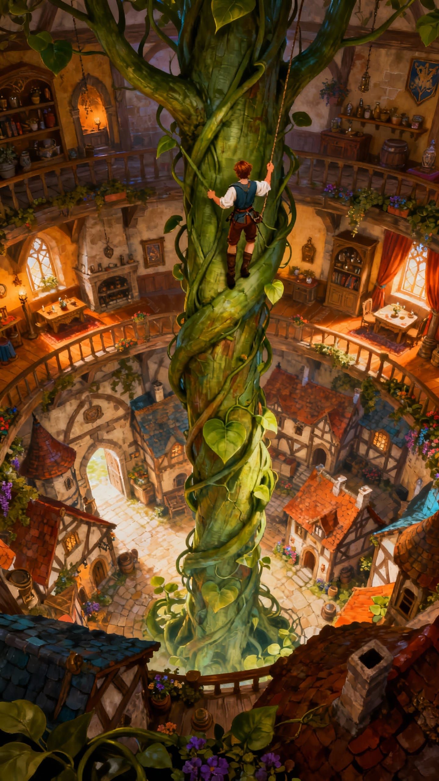 Jack Climbs Beanstalk Over Detailed Medieval Village