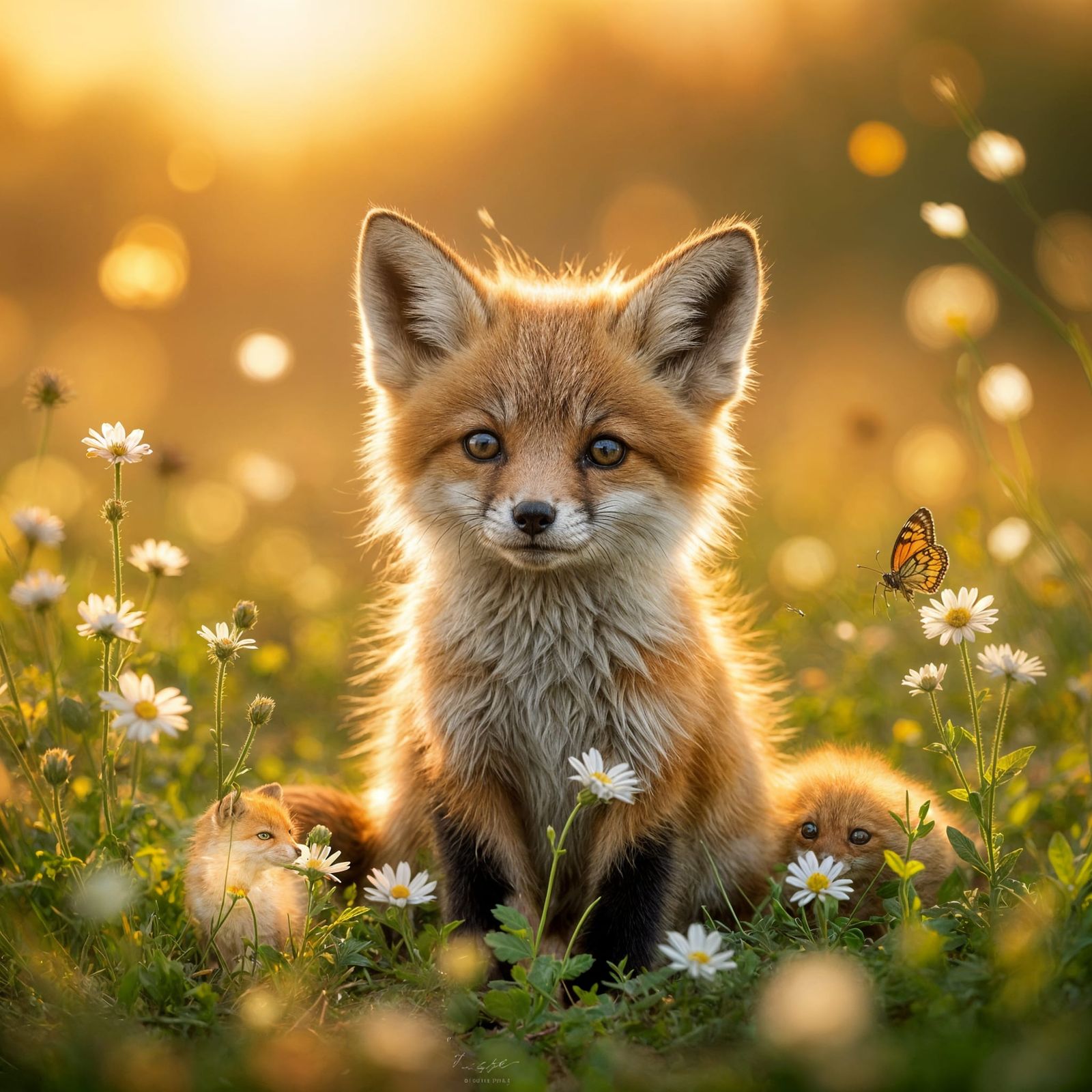 Adorable Baby Fox in Golden Hour Field