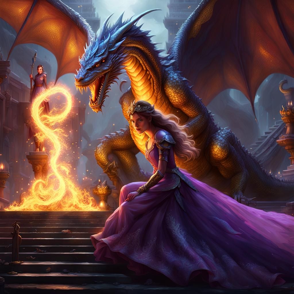 Princess and Dragon Confrontation in Dark Fantasy Style