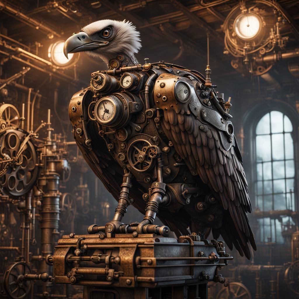 Steampunk Vulture in a Creative Room, Ultra Realistic