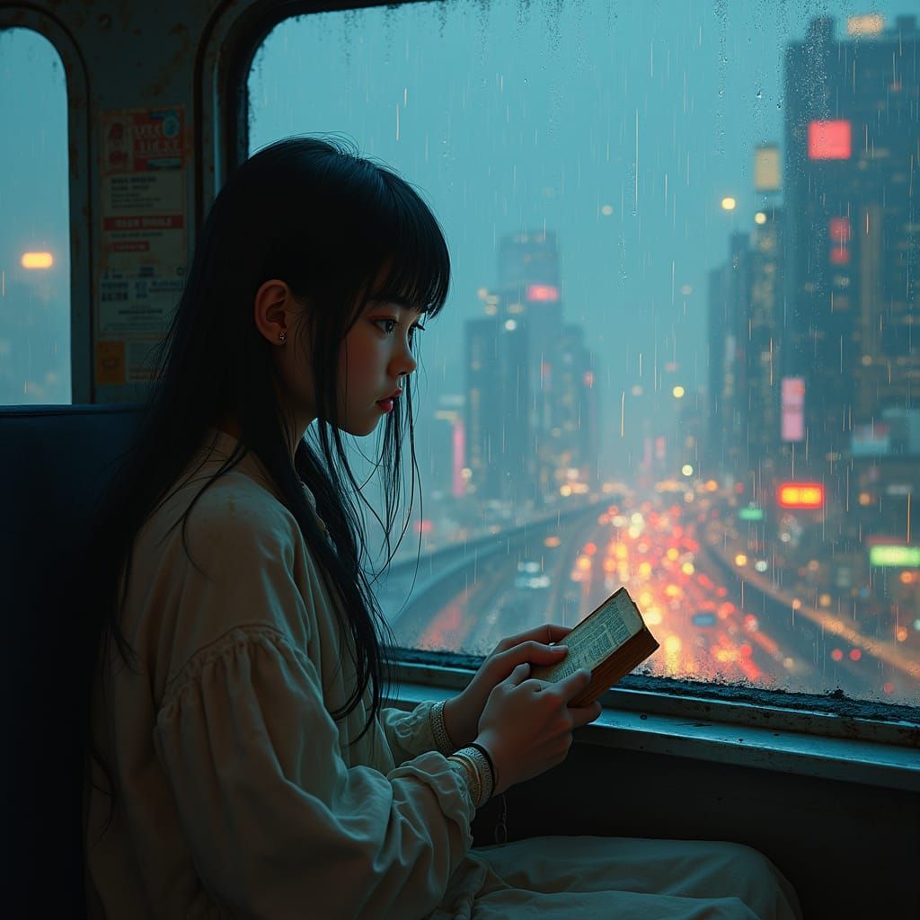 A young woman reading a book as her train goes through a fut...