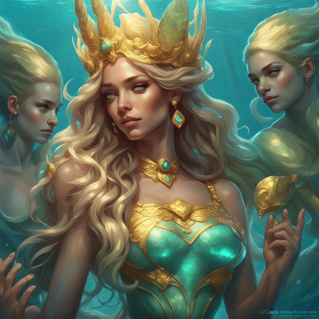 Golden Mermaid Queen's Royal Party, Art Nouveau Portrait