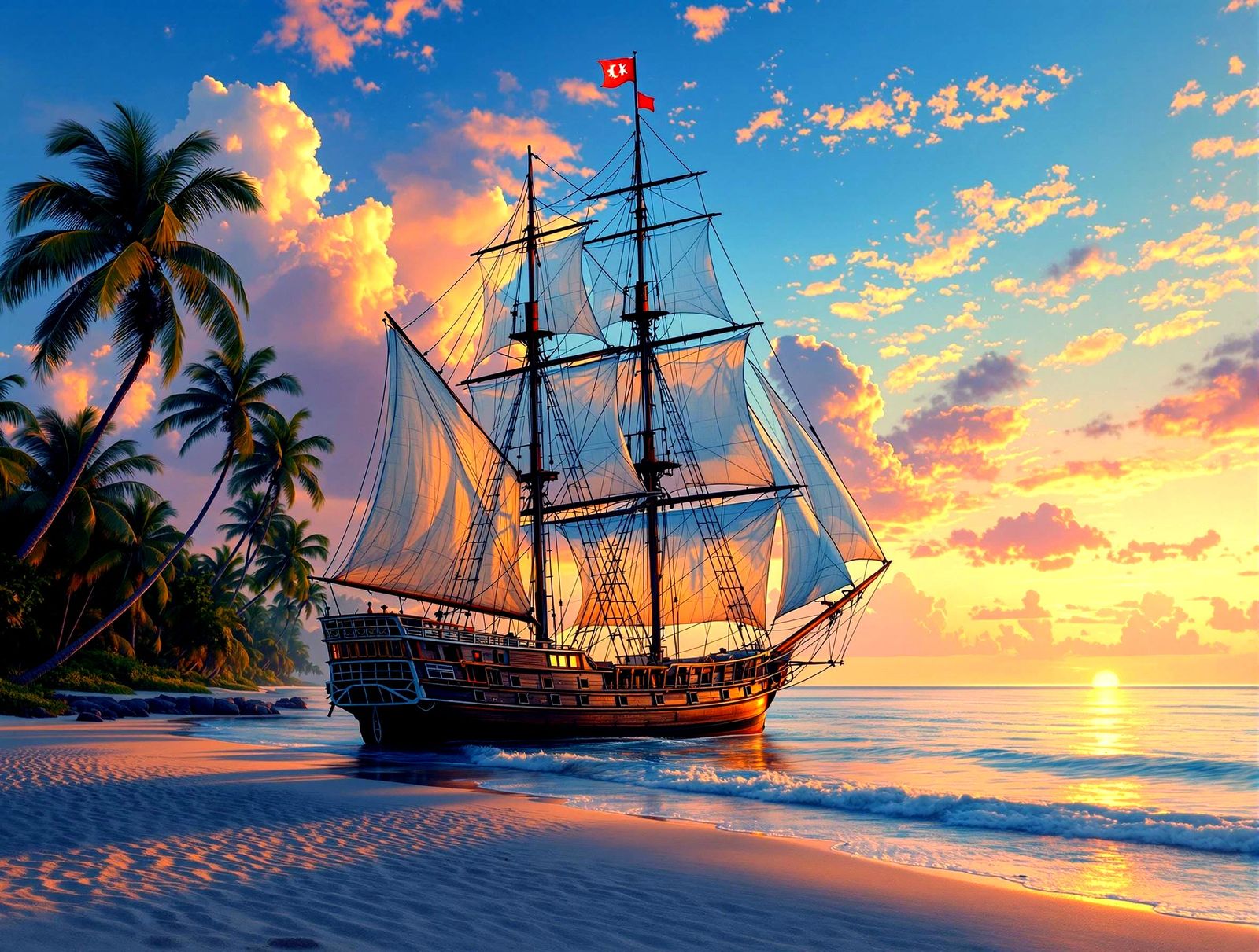 Ethereal Schooner Amidst Tropical Sunset