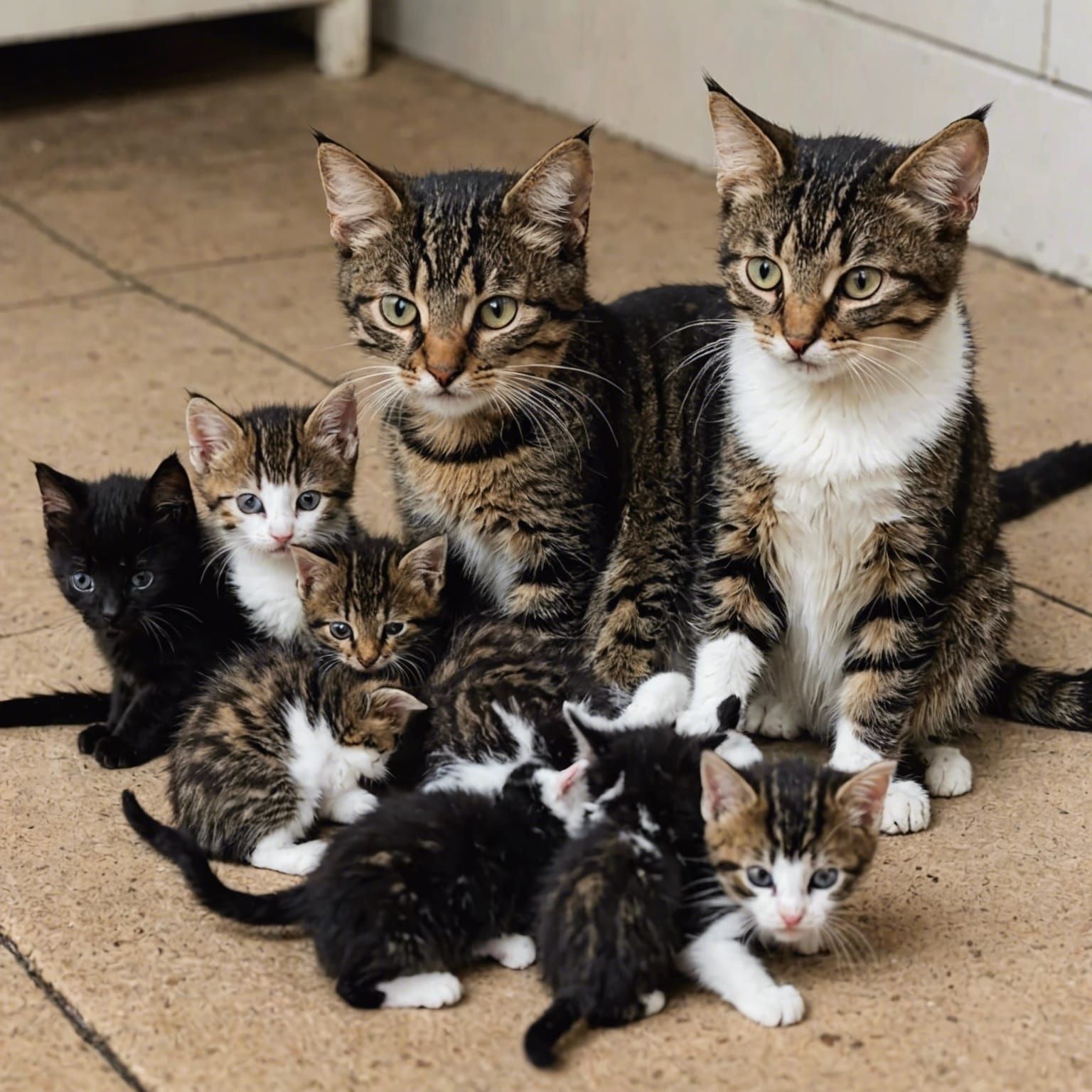 Mother Cat and Her Five Tiny Kittens