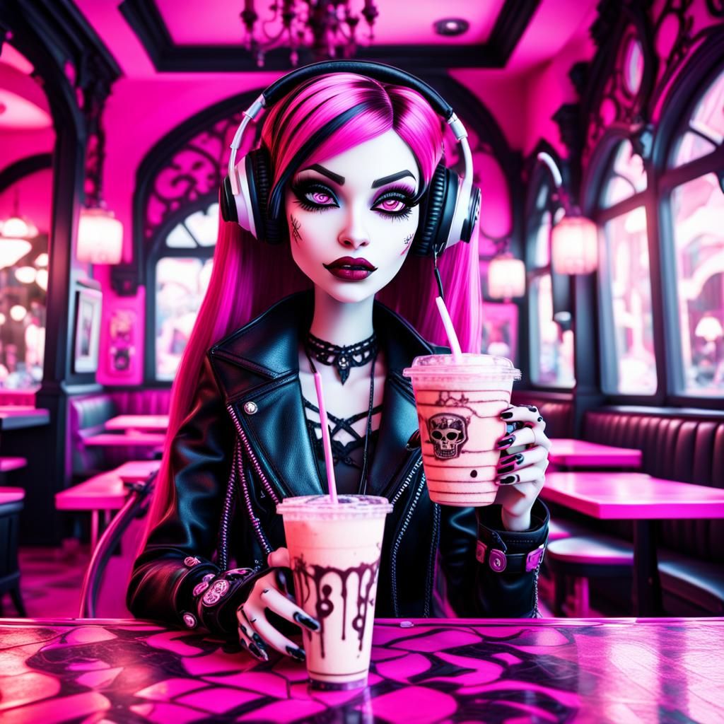 emo draculaura monster high drinking an iced coffee in a pink gothic cafe wearing headphones