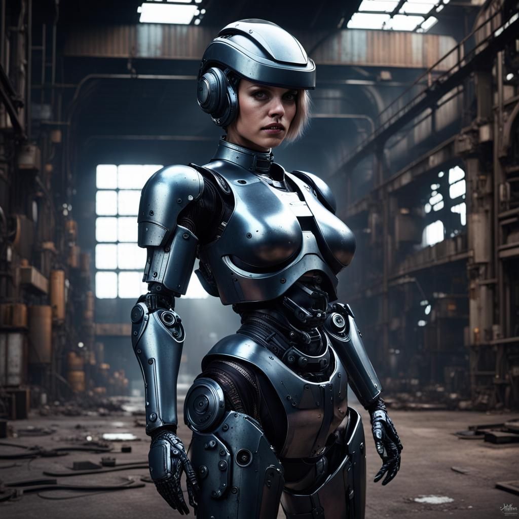 Seductive Female Robocop in Detailed Matte Painting