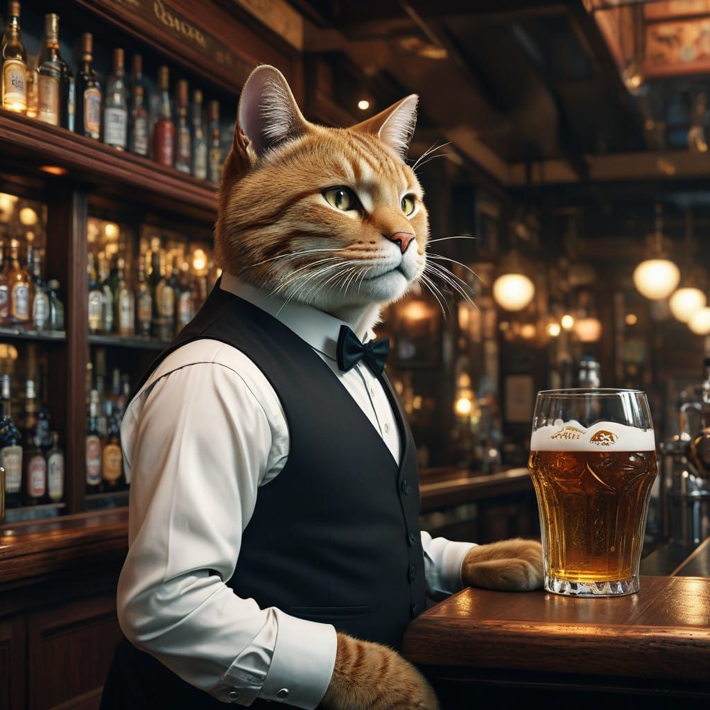 Sophisticated Cat Bartender in a Warmly Inviting Pub