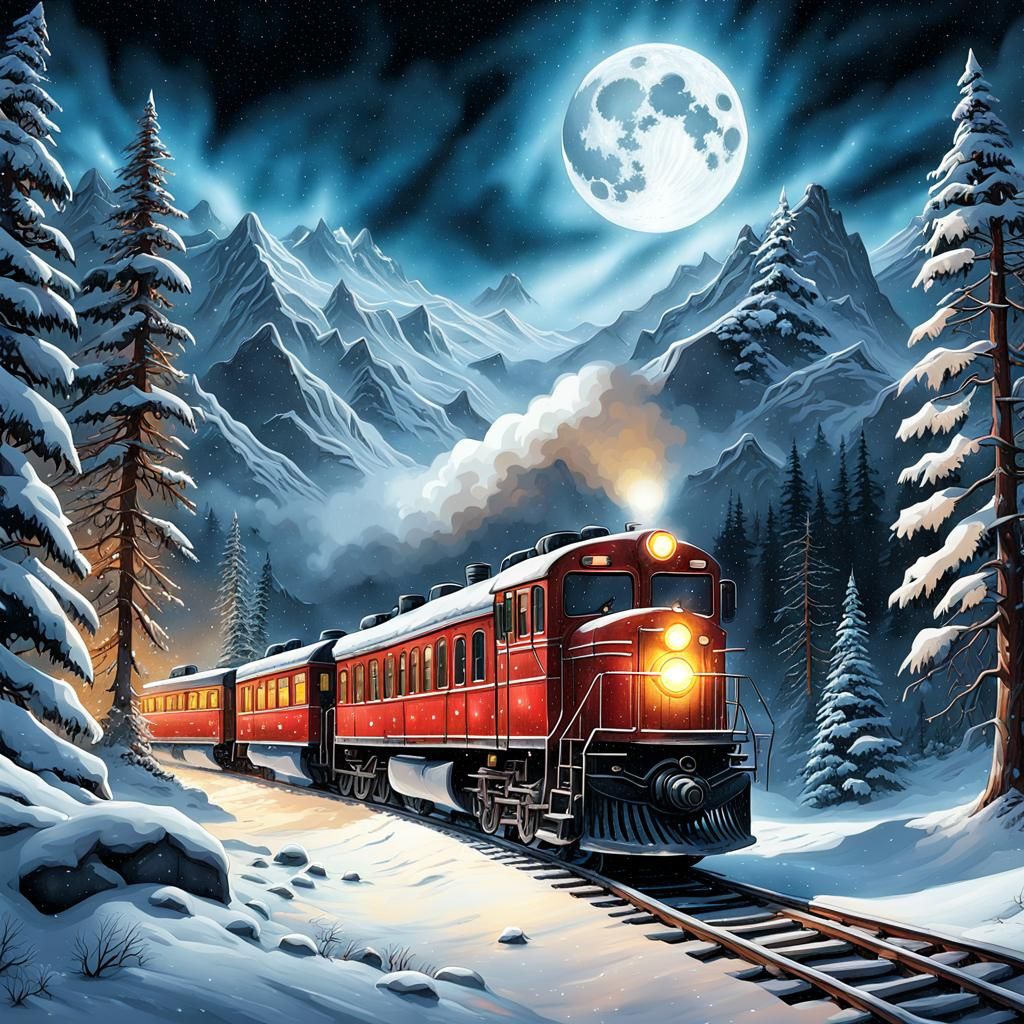 North Pole Christmas Train in Winter Landscape