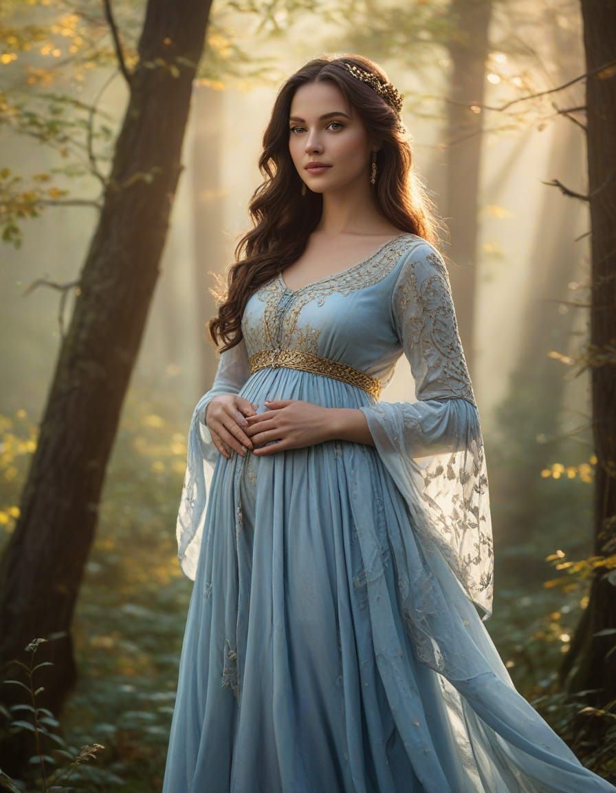 Serene Medieval Fantasy Woman in Misty Woods