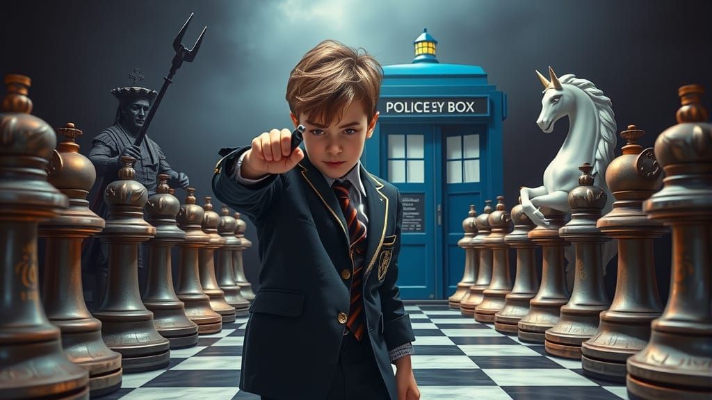 Boy in School Uniform Faces Medieval Chess Pieces with Sonic...
