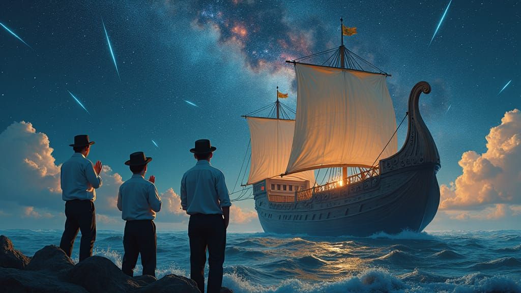 Jewish Boys Praying on Ship in Starry Sea