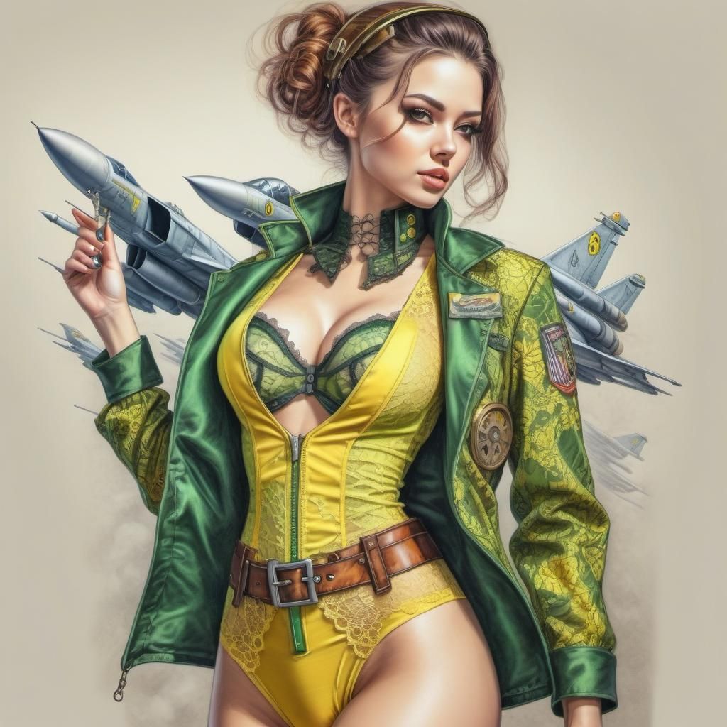 Steampunk Woman with Jet Fighter in Color Pencil Art