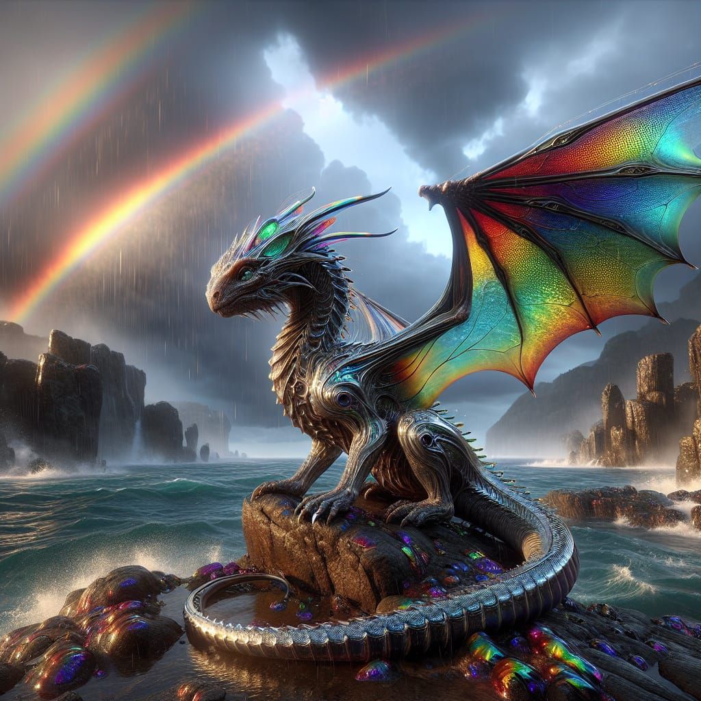Iridescent Dragon in Storm with Rainbow: Digital Art