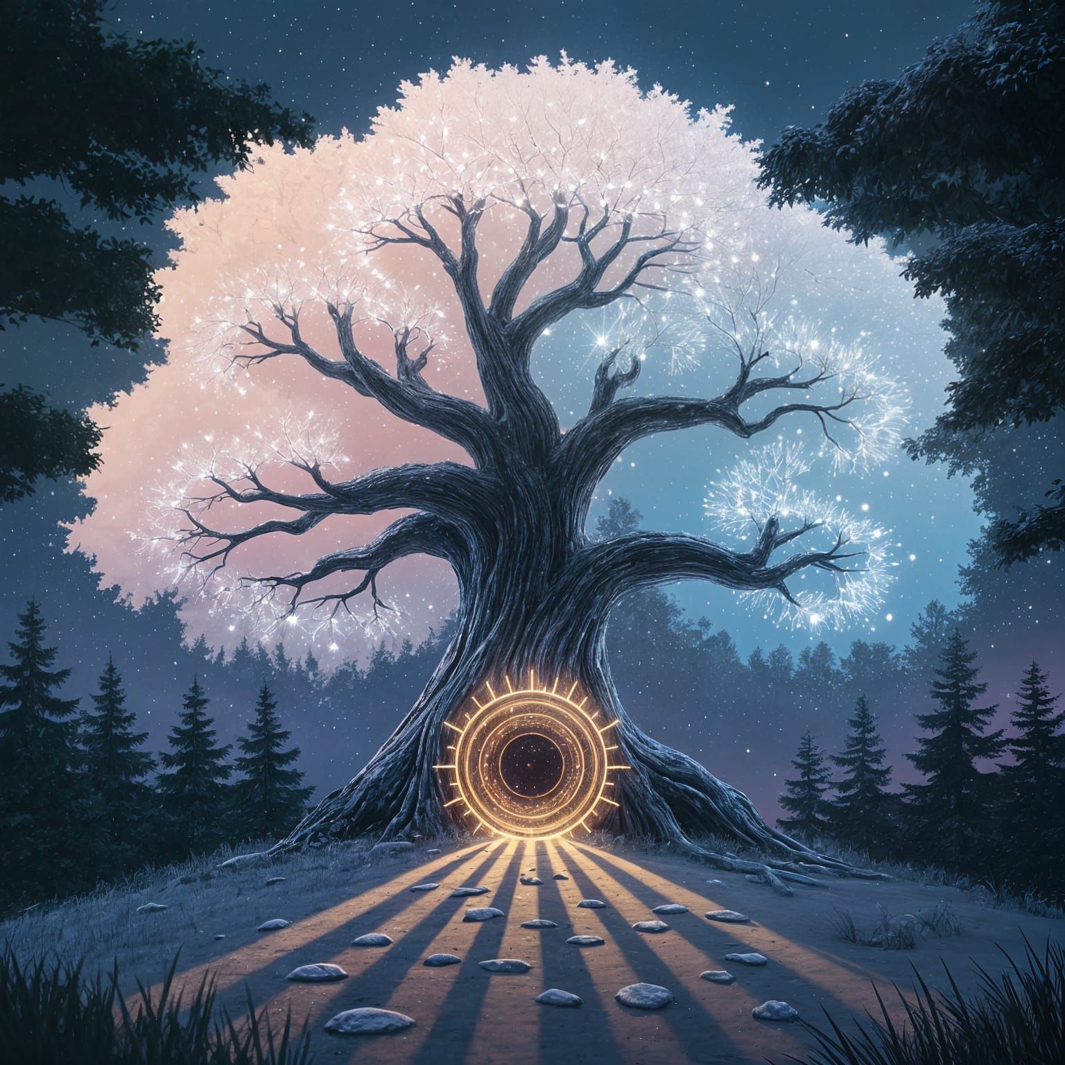 Mystical Tree Radiates Vibrant Crystals in Nighttime Scene