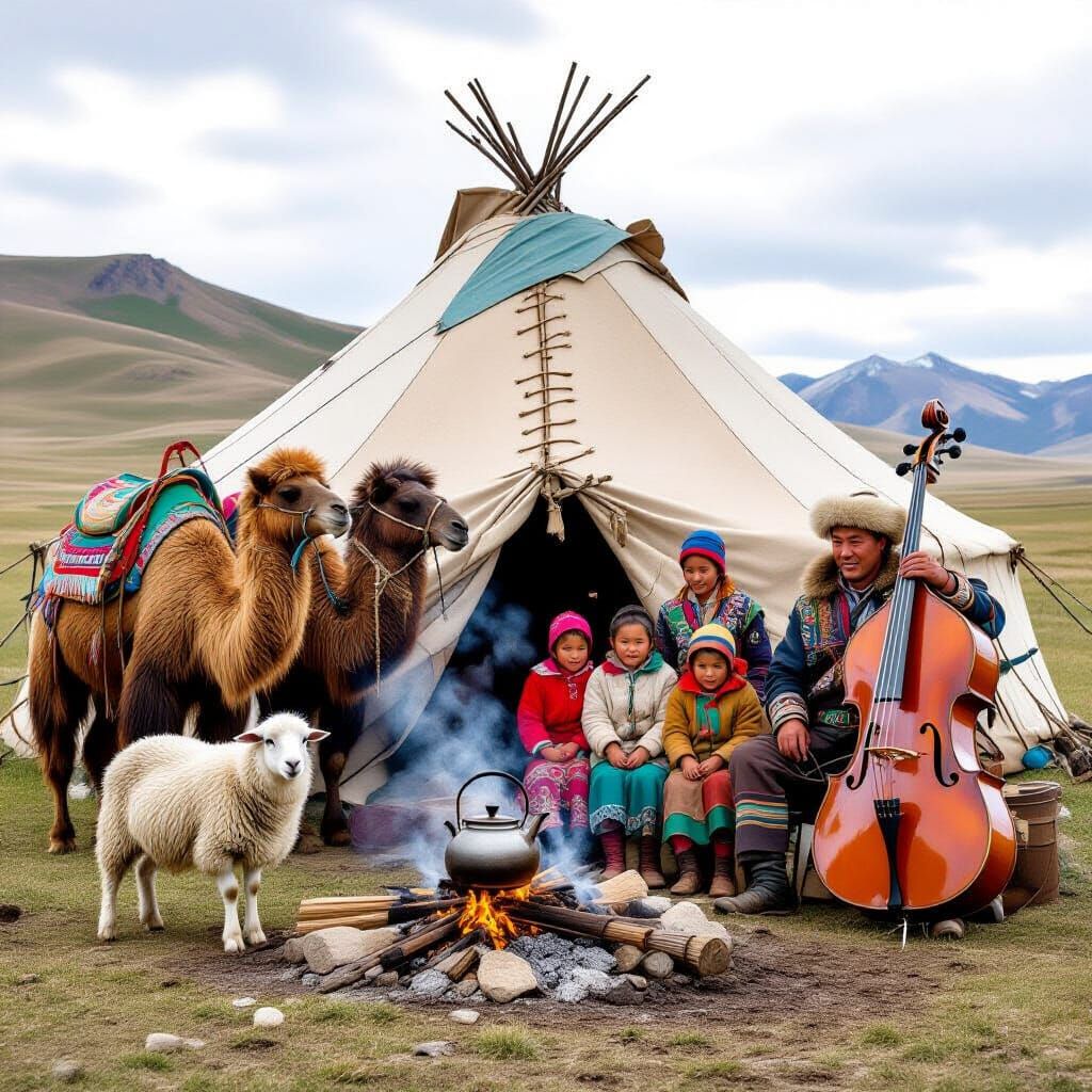 Mongolian Steppe Summer Scene with Yurt and Camels