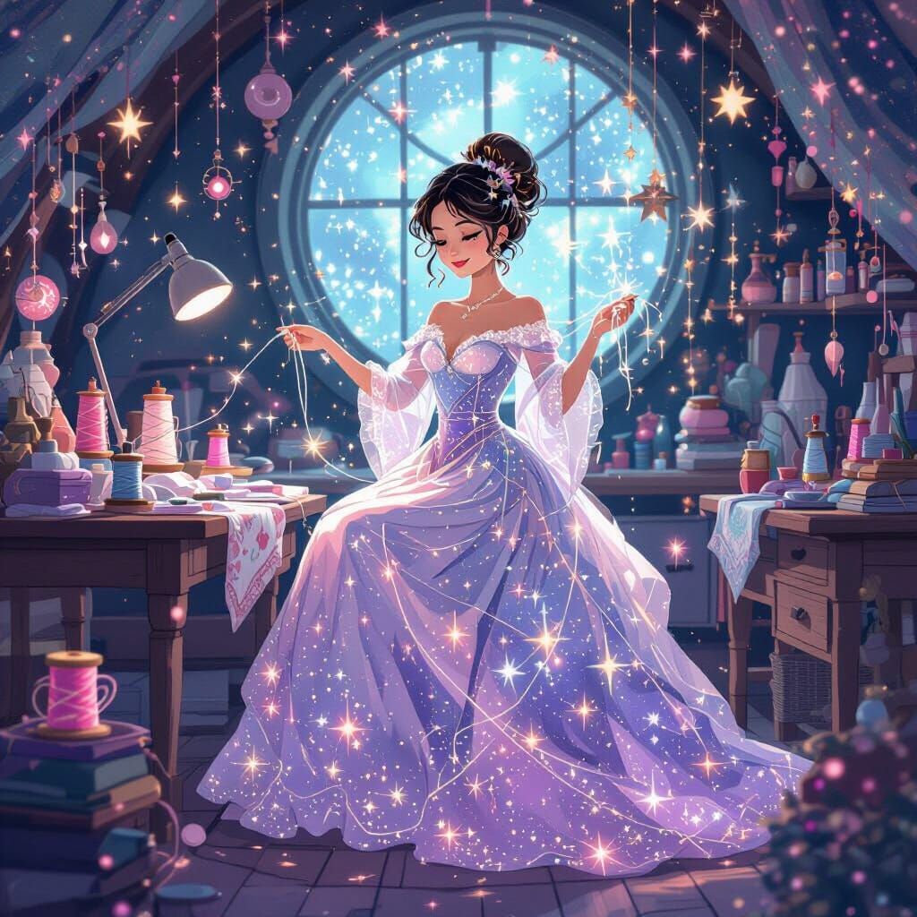 Celestial Seamstress Stitching Constellations in Starry Work...