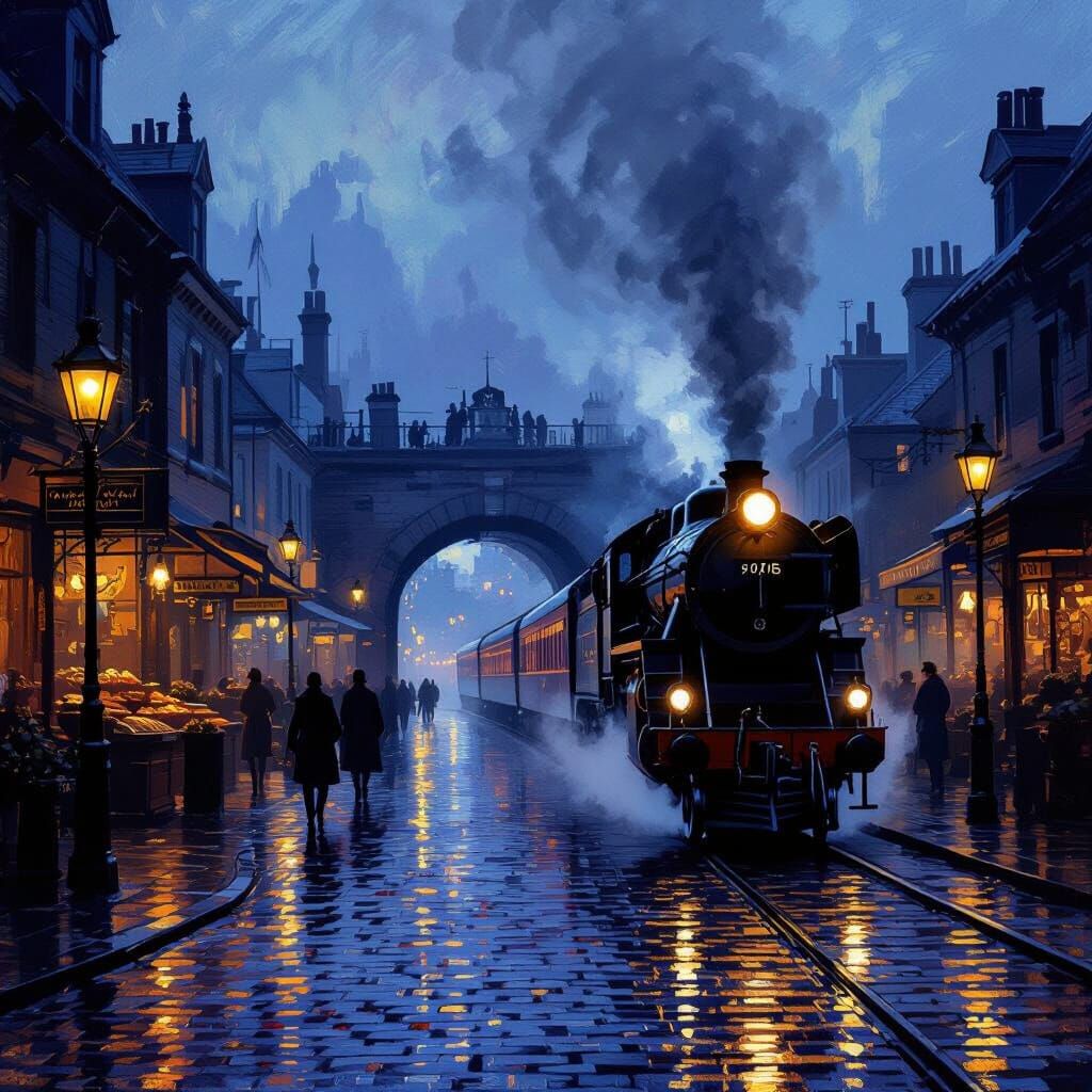 Victorian Marketplace at Dusk with Steam Train