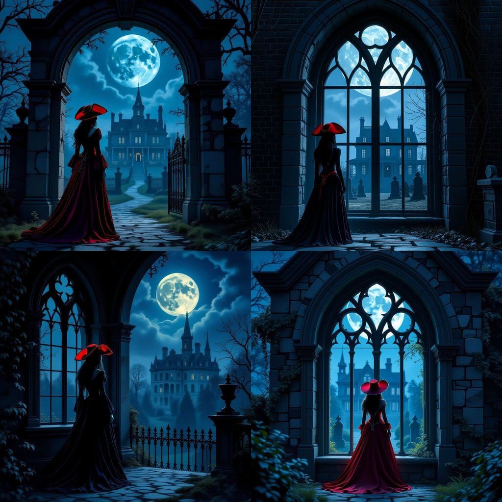 Gothic Window Over Moonlit Cemetery with Pirate Ghost