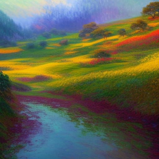 Impressionistic Landscape Painting with Rolling Hills