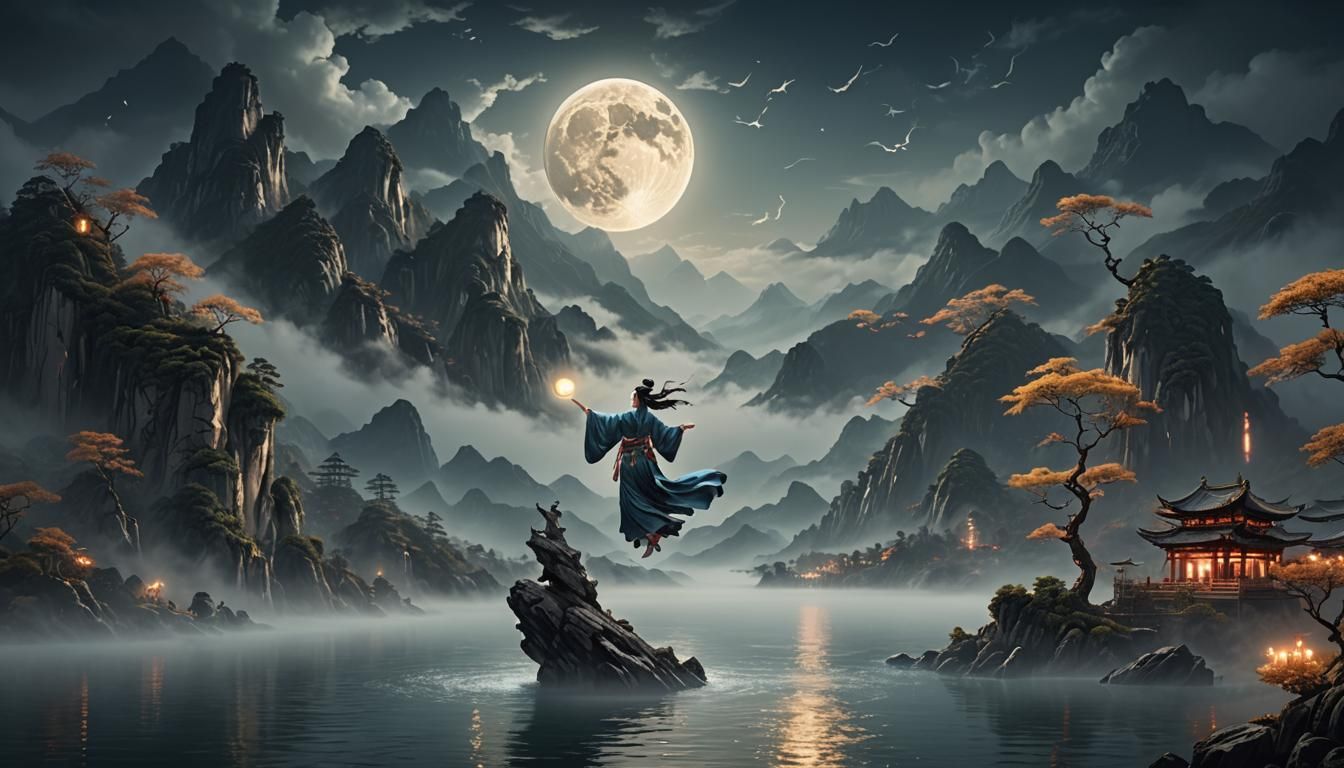 Small full moon in dark evening sky with Xianxia wind spirit...