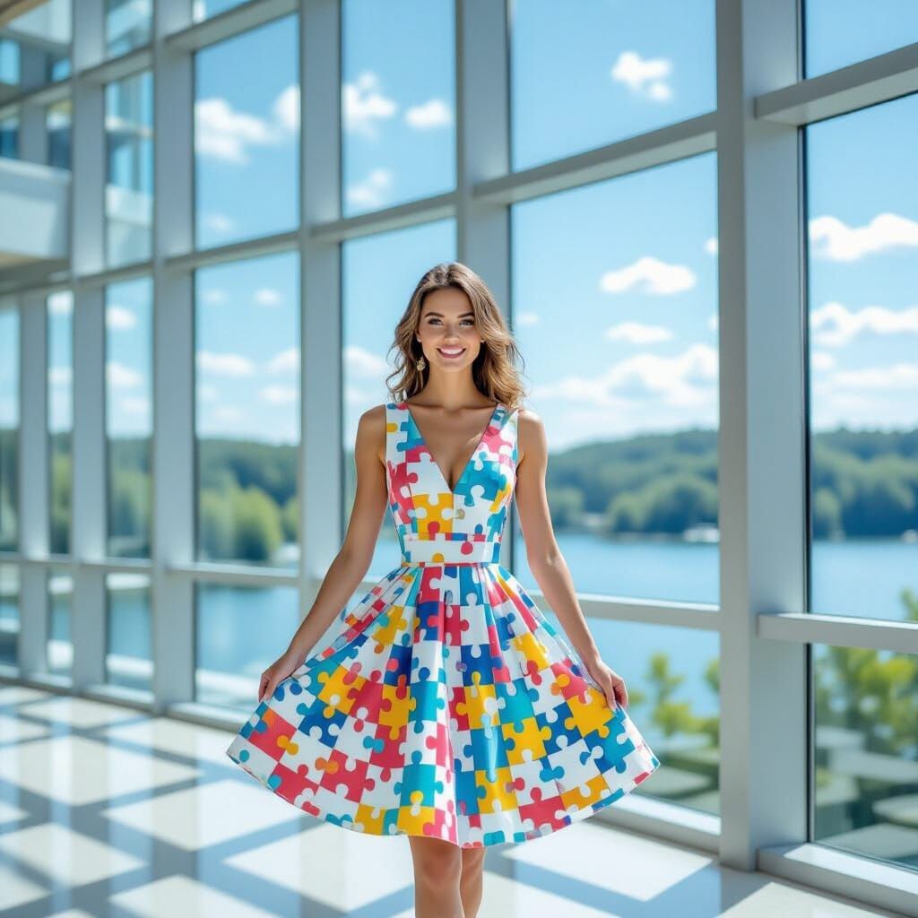 Woman in Sundress at Sunny Lakeside Atrium