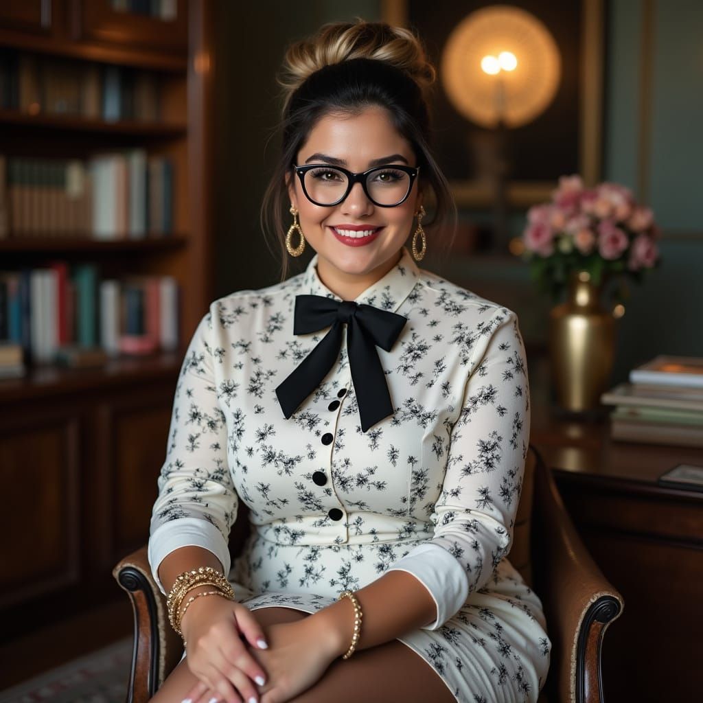 Plus-Size Spanish Teacher in Vintage Study
