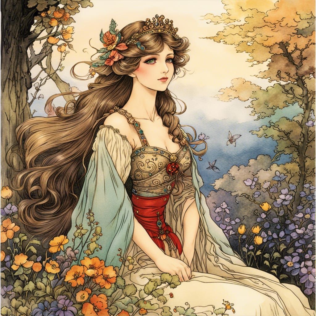 Anime Fairytale Maiden in Sinopia Gown