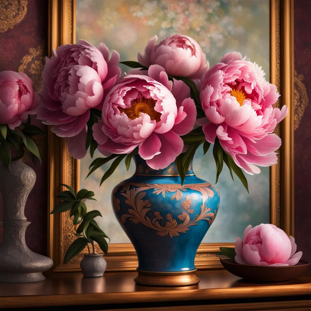 Hyperrealistic Peonies in Antique Vase Splash Art