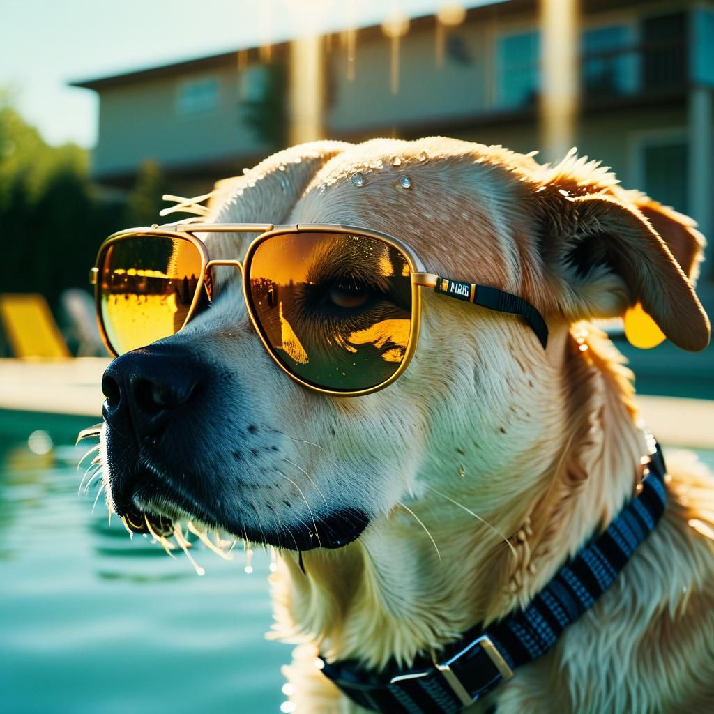 Dog with Sunglasses at Pool in Cinematic Style